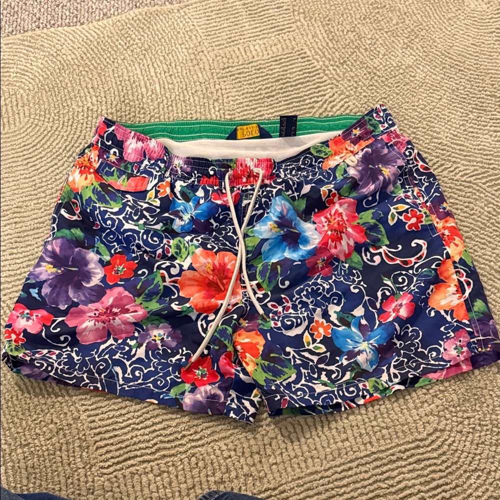 Polo Ralph Lauren Watercolor Blue Floral Swim Trunk Shorts, Size XXL